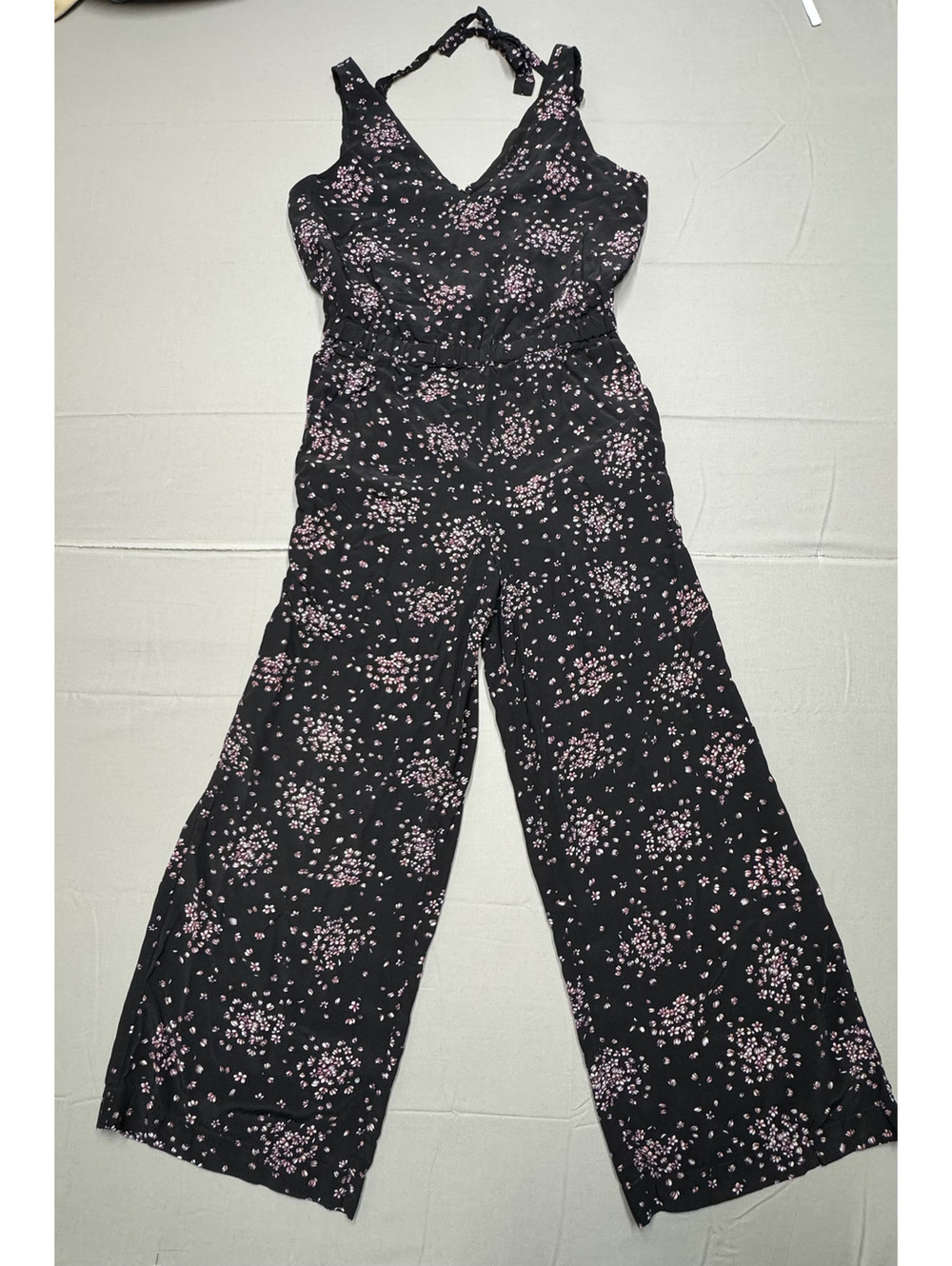 LOFT Womens Halter Wide Leg Jumpsuit Viscose Floral Cherry Blossom S Black Pink